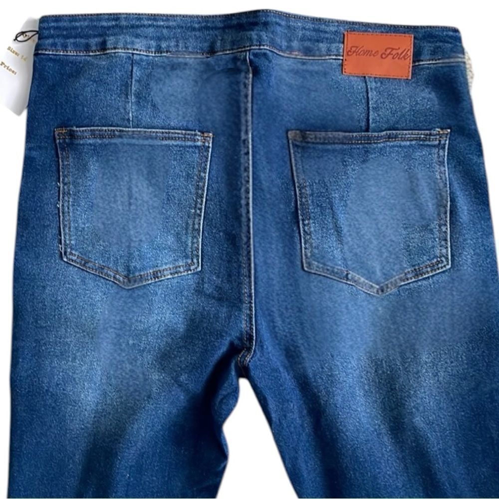 Dark Wash Distressed Flare Jeans | High Rise Stretch | Raw Hem | Plus Size | NWT - Picture 13 of 16